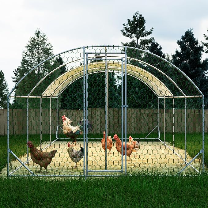 KEIKI Metal Chicken Coop, Metal Chicken Run with Waterproof Cover, Farm Poultry Run Hutch Hen House, Heavy Duty Outdoor Walk-in Chicken Pen for Poultry Duck Rabbit, 26ft x 9ft x 6ft