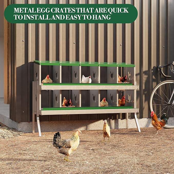 Chicken Nesting Box,10 Compartments Galvanized Steel Metal Chicken Laying Box with Roll Out Egg Collection,Wall Mount Chicken Nesting Boxes,Easy Egg Collection, Hen Roosting Boxes