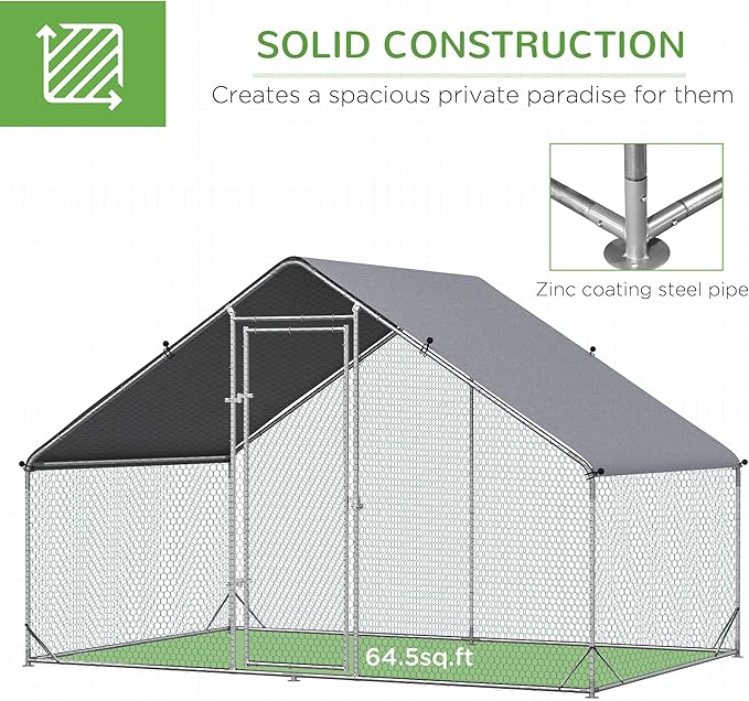 PawHut Large Chicken Coop Metal Chicken Run with Waterproof and Anti-UV Cover, Spire Shaped Walk in Fence Cage Hen House for Outdoor and Yard Farm Use, 1" Tube Diameter, 9.8' x 6.6' x 6.6'