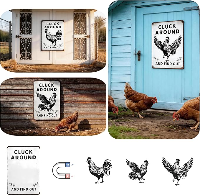 Funny DIY Magnetic Attraction Design,Vintage Chicken Decor Metal Sign, Funny Farmhouse Kitchen Wall Art, Unique Home Decor Gifts for Women, Farmhouse Style Enthusiasts, Retro Chicken Coop Accessories,8*12 Inch (Grey)