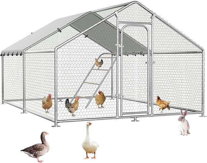 Large Metal Chicken Coop Walk-in Poultry Cage with Waterproof Roosting Perch and UV-Resistant Cover, Outdoor Chicken Run for Backyard Farm Use,Spire Roof(10'W x 13.2'L x 6.4'H)