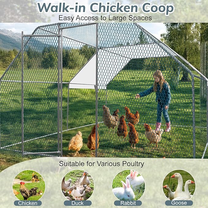 VINGLI Large Metal Chicken Coop, 13.1x9.8x6.5 ft Poultry Cage for Chicken Run, Walk-in Chicken Pen with Waterproof & Anti-UV Cover for Yard Outdoor (Silver-Flat Roof)