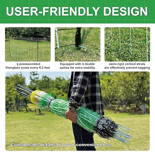 Premium Electric Semi-Rigid Fence Netting 35.4"H x 65.6'L, Pre-Assembled Posts Raised to 47.2"H, Can Add Additional Polywire to Ensure Safety for Backyards,Homesteads,Gardens,Farms,and Ranches，PK1