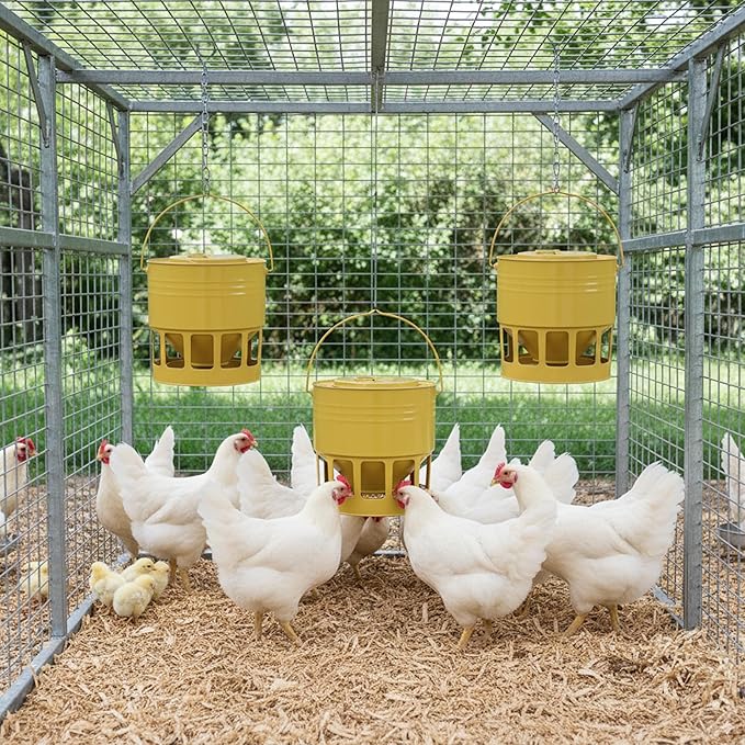KOL Hanging Chicken Feeder – 20lbs Metal Chicken Feeder No Waste, Adjustable Poultry Feeder with 12 Ports, No Installation & Universal Height Design (Yellow)
