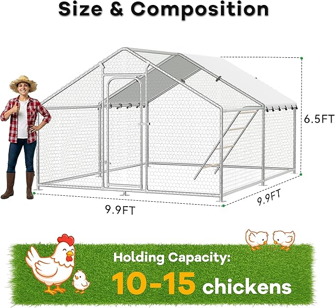 Large Metal Chicken Coop with Waterproof and UV-Resistant Cover,Chicken Run Outdoor Walk-in Cage Rabbit Duck Hen House for Yard Farm Use Spire Roof (10’ W x 9.9’ L x 6.4’ H)