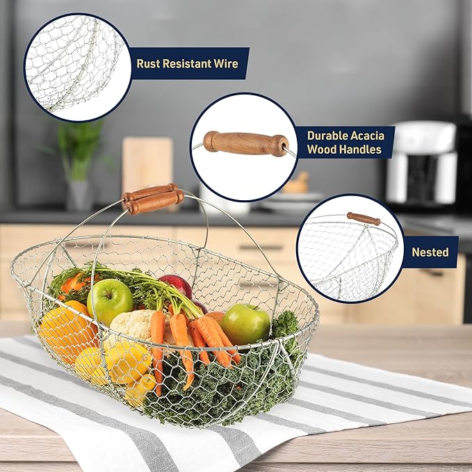 Garden Harvest Basket 2-Pack - Large and Small Gathering Hod for Veggies, Picnic or Farmhouse Decor - Rust-Resistant Mesh and Wood Handle Chicken Egg Basket for Collecting Eggs by Kings County Tools