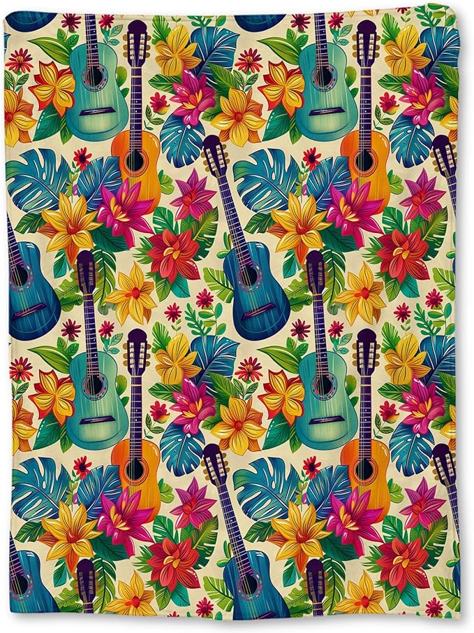 Tropical Colorful Guitar and Floral Blanket, Soft Flannel Throw for Couch, Bed, Travel, Living Room & Home Decor, Cozy Lightweight Warm Fuzzy Blankets for Adults Kids Women Girls 60×50 in