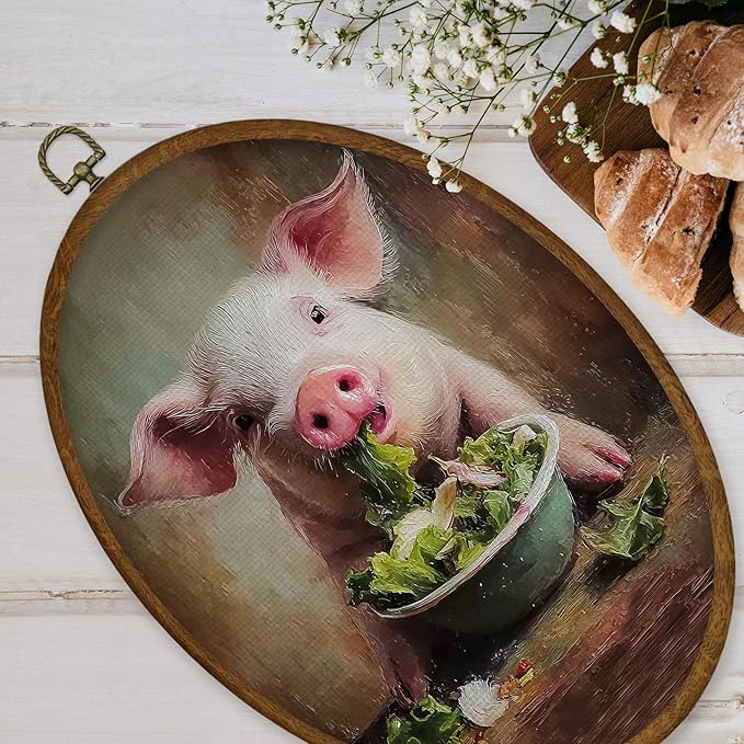 WULQYING Funny Pig Kitchen Wall Art Decor, Rustic Farmhouse Pig Oval Framed Canvas Art Prints, Country Farm Animal Wall Hanging Decor for Home Kitchen Dining Room, 8.6x11.4 Inches