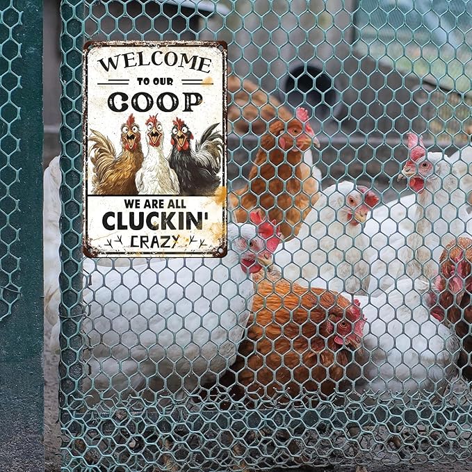 Retro Chicken Coop Tin Sign Welcome to Our Coop Vintage Chicken Hen Rooster Metal Poster Funny Pet Lovers Wall Art Accessories for Farmhouse Garden Plaque Farm Kitchen 12 * 8inch