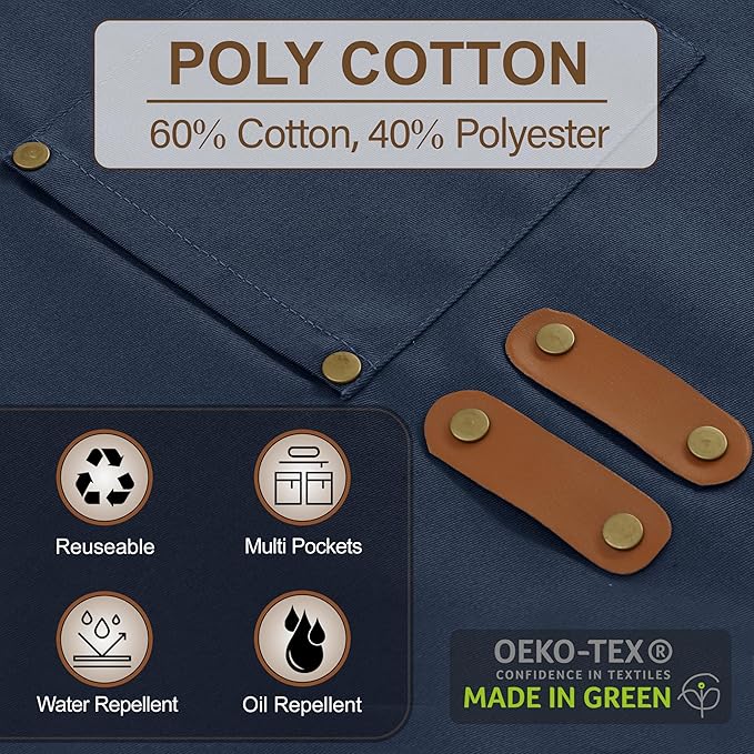 RUVANTI Work Apron for Men, Oil & Water Repellent, Poly Cotton Cross Back Aprons for Women with Pockets, Adjustable up to XXL