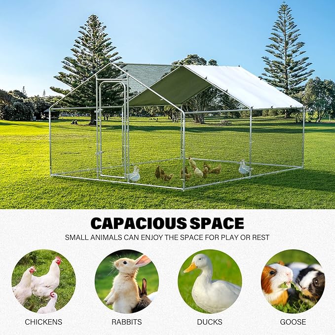 ORANLAND Large Metal Chicken Coop, Spire Chicken Runs for Yard with Cover, Walk in Chicken Coop with Security Lock and Waterproof Cover for Outdoor Farm Use