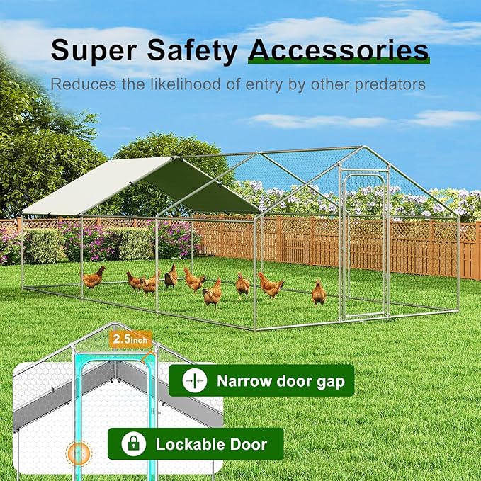Large Metal Chicken Coop with Weatherproof Cover and Multi-Purpose Chicken Run for Chickens, Ducks, Rabbits, Farm and Yard Animal Pen (10’ W x 19.7’ L x 6.4’ H, Spire Roof)