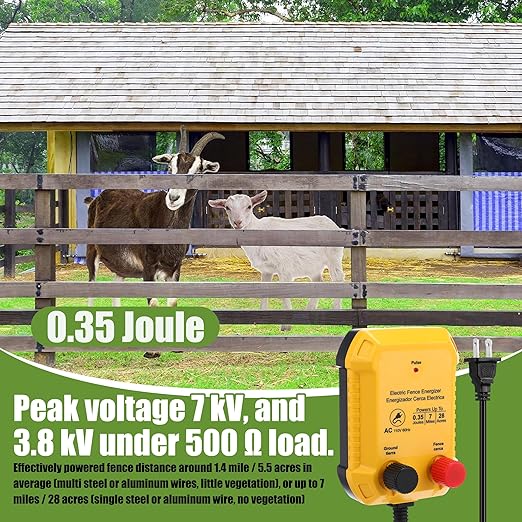 Electric Fence for Preventing Animals Intruding 2 Mile 110VAC 0.35 Joule Electric Plug in Fence, 50 Black Insulator and 1 Socket Tool 250ft Aluminum Wire for Animals and Keep Out Predators
