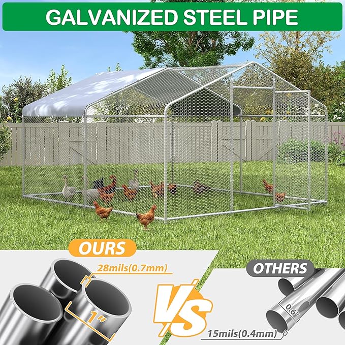 Large Metal Chicken Coop, Walk-in Chicken Run Pen with Waterproof Cover, Spire Roof Poultry Cage Run for Outdoors, Backyard, Farm(9.7'Wx12.99'Lx6.4'H)