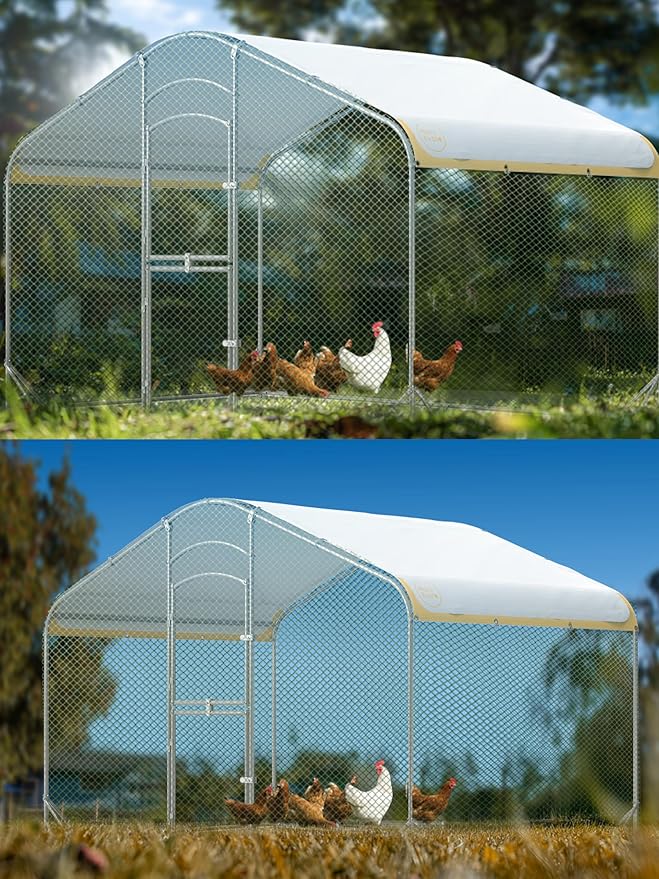 Large Metal Chicken Coop with Run, 6.3FT Walk-in Chicken Run for Yard with Waterproof & Anti-UV Cover, Spire Roof Outdoor Poultry Cage for Chickens Ducks Rabbits Backyard Farm