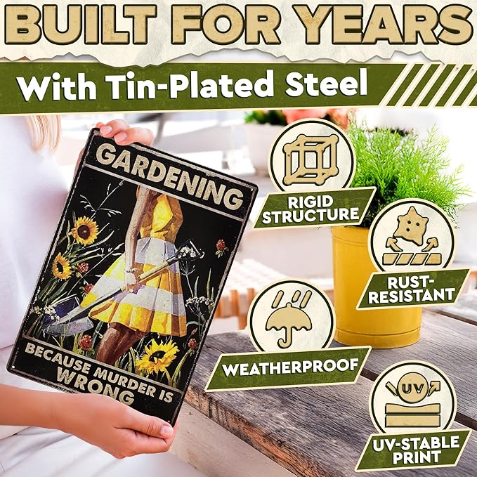 Funny Garden Signs for Outside - Gardening Because Murder is Wrong Sign 8x12 In Vintage Funny Metal Signs for Outside - Unique Gardening Gifts for Women | Gardener's Backyard, Patio and Porch Decor