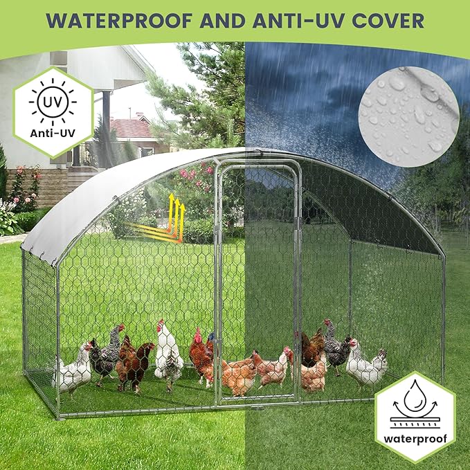 Large Metal Chicken Coop, Dome Roof Chicken Runs for Yard, Walk-in Poultry Cage with Waterproof and Anti-UV Cover, Chicken Pens for Outside Backyard Farm, 6.5 x 9.8 x 6.5 FT