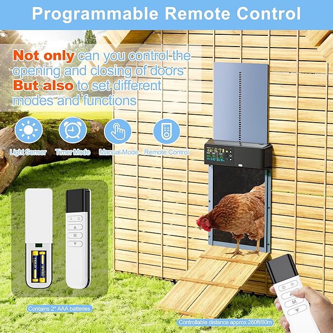 Automatic Chicken Coop Door Solar Powered with Programmable Remote, 4 Modes Combo Light and Timer Aluminum Chicken Door with LCD Color Display