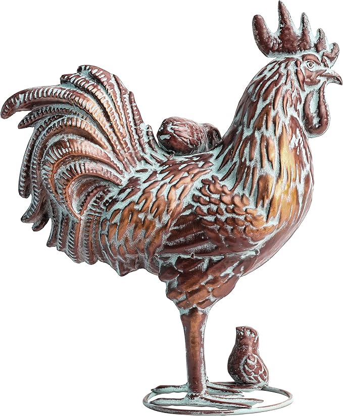 Metal Rooster and Chicks Yard Decor 15.7" L x 18.8" H Outdoor Garden Rooster Statue Sculpture Antique Metal Chicken Yard Art for Home Backyard Patio Lawn,Gift for Mom Grandma and Chicken Lovers