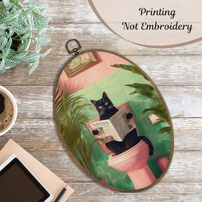 LKETW Funny Black Cat Bathroom Oval Wall Art Decor, Tropical Black Kitty Reading on Toilet Oval Canvas Hanging Decor, Funny Cat Wall Decorations for Bathroom Washroom Toilet, 8.6x11.4 Inch blackcat