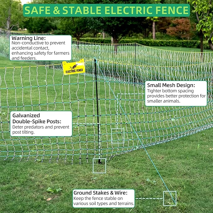 Poultry Netting Electric Fence - 164' L x 47.5" H, Portable Livestock Nets Mesh for Chickens, Ducks, Geese, Turkey, Electric Fencing for Backyards, Homesteaders, Farms, Ranches, Gardens