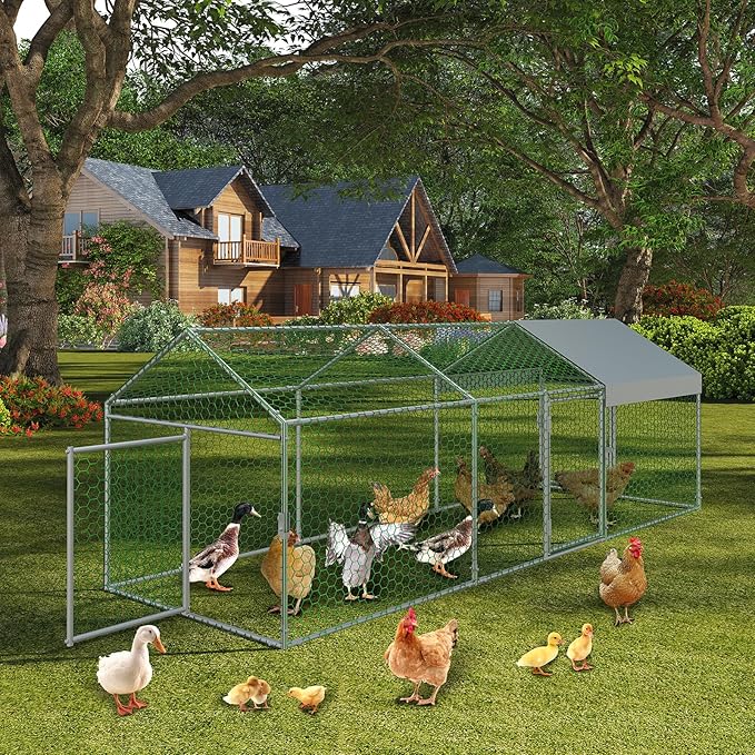 Large Metal Chicken Coop with Waterproof Cover – 120"/160" l x 40" w Chicken Runs for Yard with Cover, Compartments & Doors, Outdoor Chicken Run for Rabbit, Duck, Goose, Backyard Yard (Silver/Black)
