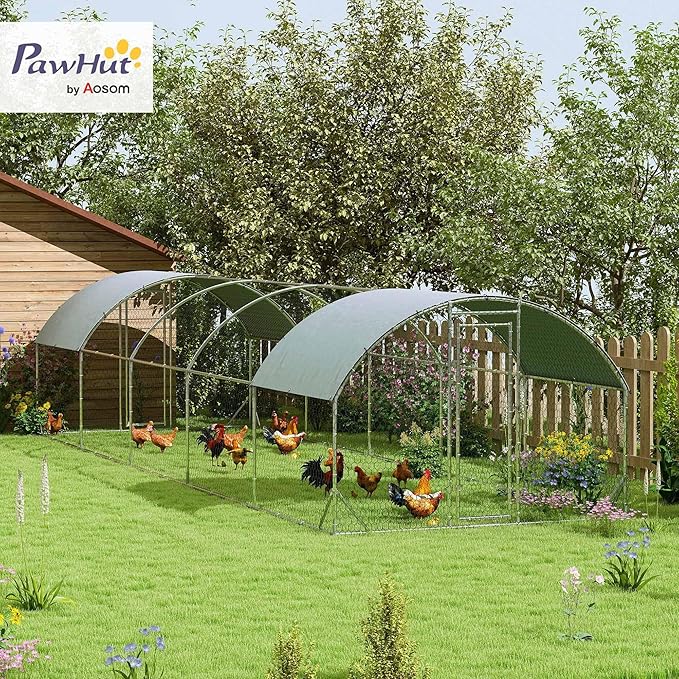 PawHut Large Chicken Coop Metal Chicken Run w/Waterproof and Anti-UV Cover, 2 Lockable Doors, Dome Shaped Walk in Hen House for 30-40 Hens, Ducks, Poultry, Outdoor Yard Farm Use, 9.2' x 31.2' x 6.5'
