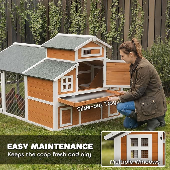 PawHut 79" L Chicken Coop for 6 Chickens, Outdoor Wooden Hen House Poultry Cage with Run, 2 Nesting Boxes, Slide-Out Tray, Waterproof Asphalt Roof, Sliding Rod Door and Roosting Bar, Orange