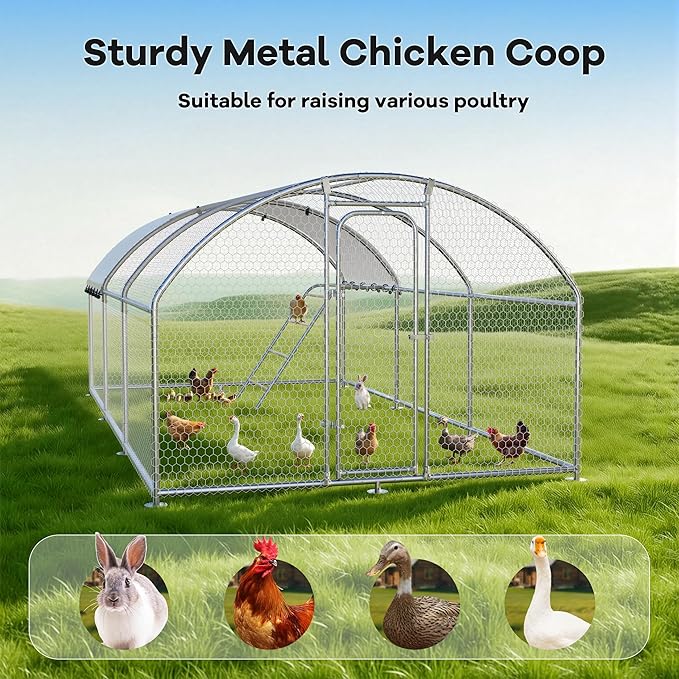 Large Metal Chicken Coop Walk-in Poultry Cage with Waterproof Roosting Perch and UV-Resistant Cover, Outdoor Chicken Run Poultry Hen House for Backyard Farm Use, Dome Roof (10’ W x 19.7’ L x 6.4’ H)