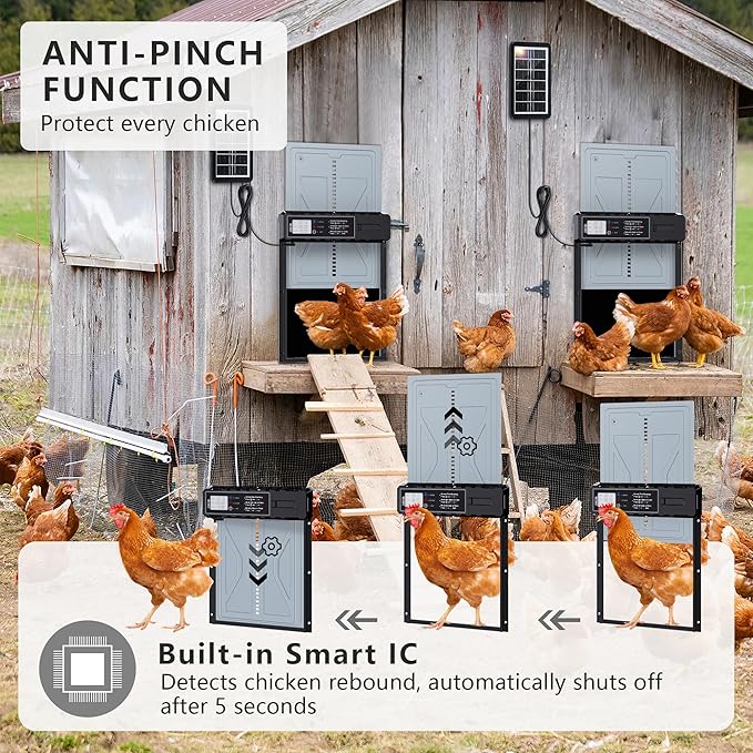 Automatic Chicken Coop Door Solar Powered with Timer & Light Sensor, LCD Display, Remote Control, 4 Modes Aluminum Alloy Auto Chicken Coop Door Solar, Anti-Pinch & Weather Proof
