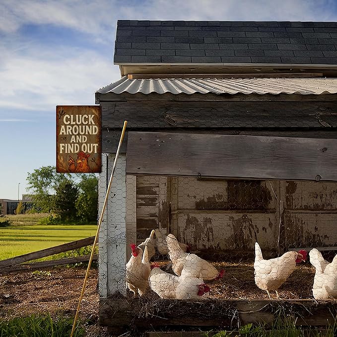 Metal Chicken Coop Signs, Outdoor Funny Yard Decorations, “Cluck Around and Find Out” Sign for Farmhouse Wall Decor, Gifts for Chicken Lovers Women – 8x12 Inch