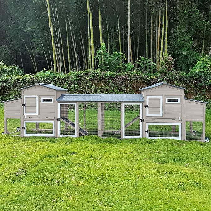 PetsCosset 136" Chicken Coop with Wheels, Backyard Wooden Hen House Outdoor for 1-6 Chickens, 2 Story Poultry Cage Chicken Coop and Run, Nesting Box, Pull Out Trays, Set of Two, (Grey)