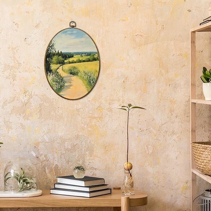 CUANFDDSF Vintage Country Landscape Oval Wall Art Decor, Farmhouse Countryside Wall Hanging Decor, Rustic Natural Cottagecore Scene Framed Canvas Prints for Home Bedroom Living Room, 8.6x11.4 Inch