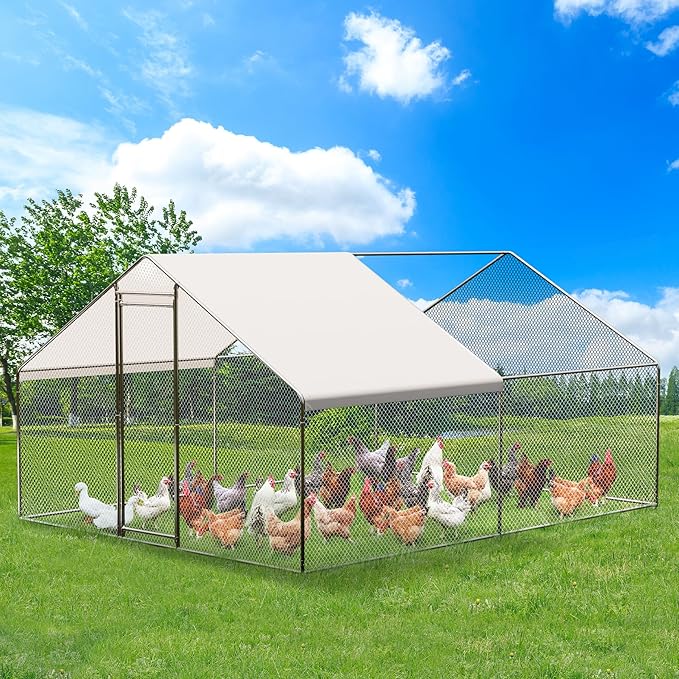 Large Metal Chicken Coop with Run, Walk-in Chicken Coop with Waterproof and Anti-Ultraviolet Cover, Outdoor Poultry Cage & Hen House, Spire Roof Design for Farm Yard, 9.8 x 13.1 x 6.6 FT