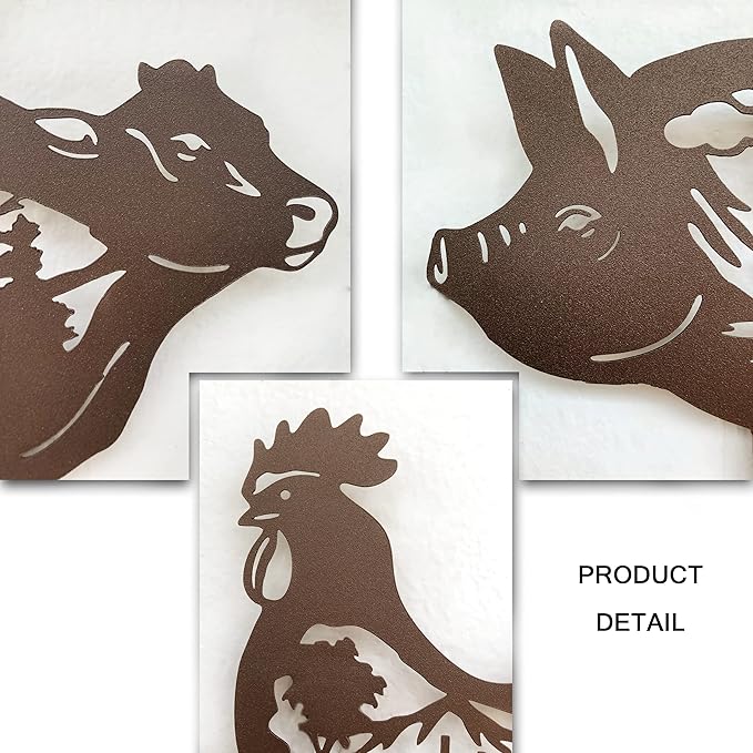 J-Fly Farm Wall Decor Farmhouse Metal Wall Art Pig Cow Rooster, 9 Inch set of 3, House Decorations for Living Room Bedroom Valentine, Rustic Farm Animal Windmill Décor for Indoor Outdoor Lodge