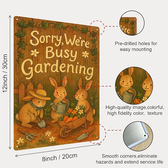 Metal Garden Signs for Outside - Sorry We’re Busy Gardening Sign, Funny Yard Decorations Outdoor with Cute Bunny Gardening Design for Patio, Flower Bed, Greenhouse Gifts for Women -8 x 12 Inch