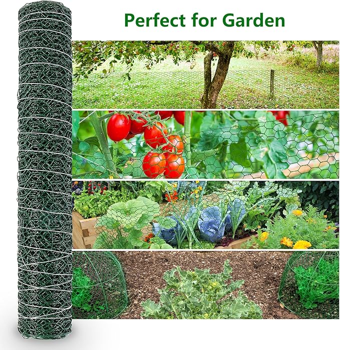 Aboofx Chicken Wire for Floral Arrangements 157.5 x 13.8 Inch Green Mesh Chicken Wire with 20 Zip Ties and 1 Pair of Glove Hexagonal Galvanized PVC Coated Netting Fence for Crafs Poultry Garden