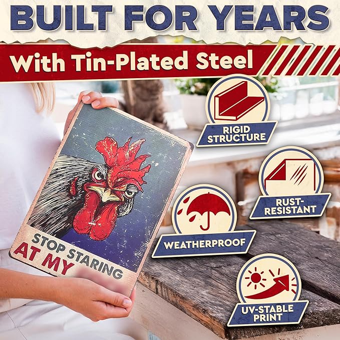 Chicken Coop Signs 8 x 12 Inches – Dont Staring at My Funny Signs, Rooster Decor – Lightweight Durable Tin Metal Wall Decor for Bathroom, Fade-Resistant, Easy to Install, Indoor/Outdoor Use | Decorative and Practical Gift