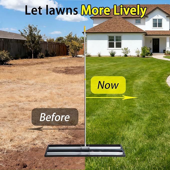 48"x10"Lawn Leveling Rake with Aluminum Rollers, Stainless Steel Yard Lawn Leveler Tool with Adjustable Long Handle, Yard Leveling Rake Suit, Levelawn Tool for Soil, Grass, Golf Course, Garden, Farm