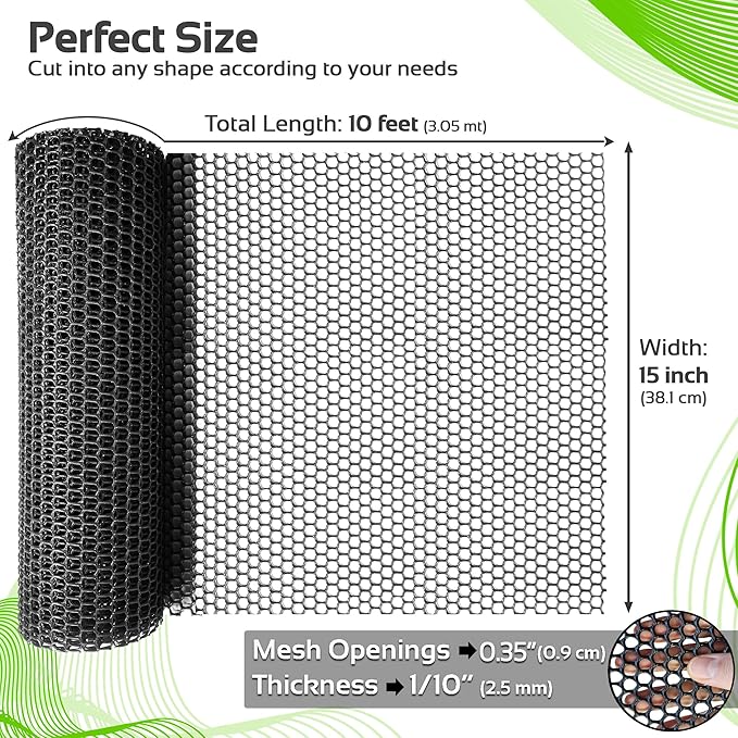 QueenBird Black Plastic Wire Mesh Fence 15.7IN x 10FT Roll - Ideal for Poultry, Dogs, Rabbit, Snake Barrier & Gardening - Durable Plastic Chicken Wire Mesh - Versatile Plastic Fencing&Netting Solution