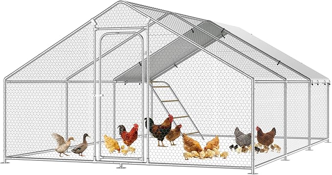 Large Metal Chicken Coop Run with Roosting Perch, Outdoor Waterproof & UV-Resistant Cover for Chickens, Ducks, Rabbits, and Hens in Yard or Farm Use Spire Roof (13.1'Wx19.7'Lx 6.5'H)