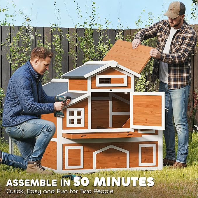PawHut 79" L Chicken Coop for 6 Chickens, Outdoor Wooden Hen House Poultry Cage with Run, 2 Nesting Boxes, Slide-Out Tray, Waterproof Asphalt Roof, Sliding Rod Door and Roosting Bar, Orange