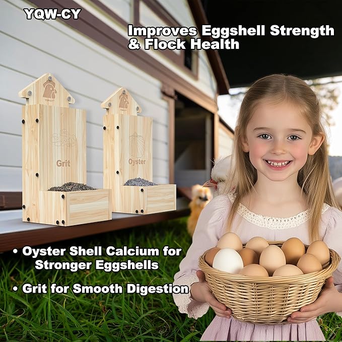 2Pack Chicken Oyster Shell and Grit Feeder, Wooden Chicken Feeder Combo, Hanging Gravity Chicken Grit Feeder, Coop Accessories for Healthier Hens Chick and Eggs
