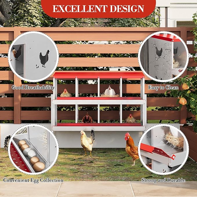 Chicken Nesting Boxes with Roll Away Egg Tray,6/8/10 Compartments, Steel Rustproof & Ventilated Laying Boxes for Hens, Chickens, Ducks, Easy-Clean Poultry Coop Accessories Stand/NO Stand