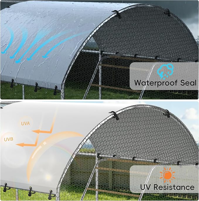 Large Metal Chicken Coop with Roosting Perch Walk-in Poultry Cage Chicken Run Duck House Chicken Pen Dome Shaped Coop with Waterproof Cover for Outdoor Backyard Farm Use(10' L x 13.2' W x 6.4' H)