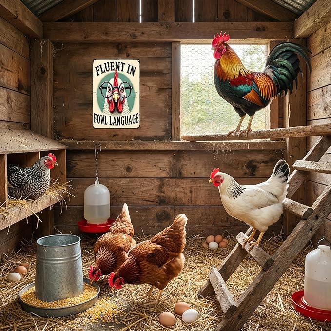 Funnysign Chicken Gifts Vintage Chicken Fluent In Fowl Languages Tin Sign for Chicken Coop Farm Kitchen Garden Yard Decor 8x12 inch(3917)