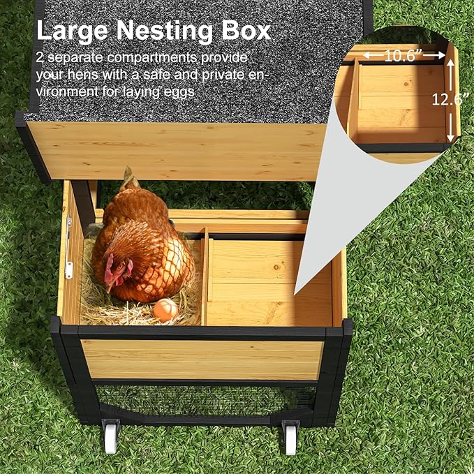 80" Chicken Coop for 2-4 Chickens with Wheels, Outdoor Wooden Hen House w/Nesting Box & Run Cage, Weatherproof for Backyard Poultry Pet Hutch, Removable Tray and Hanging Chicken Feeder