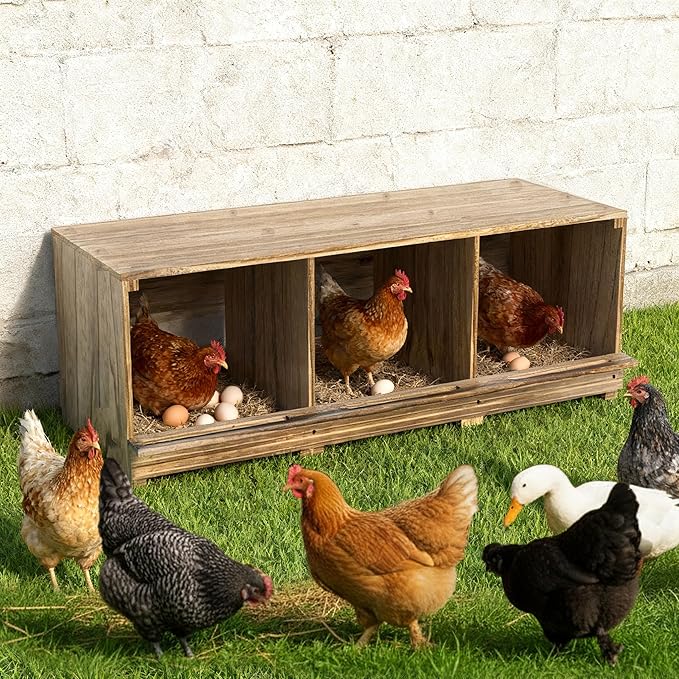 Wooden Chicken Nesting Boxes - 3 Compartment Poultry Nest Box, Lightweight, Front & Rear Ventilation, Easy to Clean & Install, Wall/Floor Mount for Laying Hens Ducks