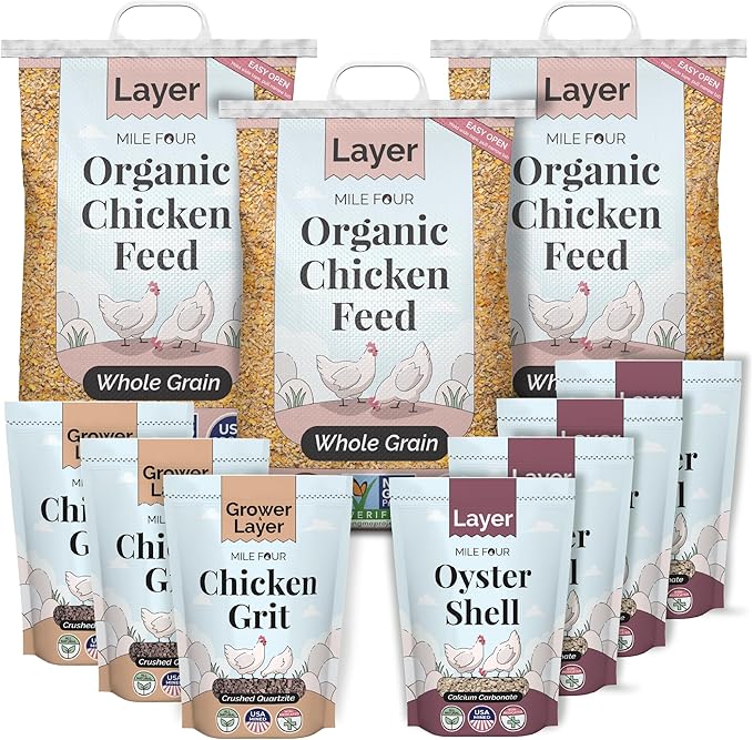 Mile Four Organic Chicken Feed Kit | Feeds 10 Layer (20+ Weeks) Chickens for 4 Weeks | Feed (69 lb), Grit (12 lb), Oyster Shell (16 lb) | Whole Grain
