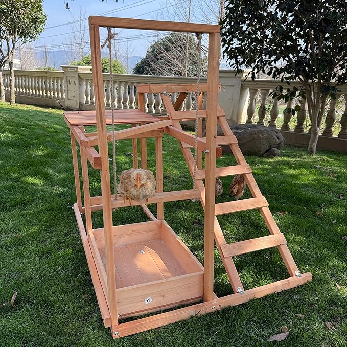 Chicken Activity Play Perches for Poultry Run, Swing Stand, Wood Chicken Toy for 3-4 Birds, Wooden Chicken Coops Accessory with Multiple Perches & Ladder & Feeder (34.5" L x 27.5" W x 31.5" H)